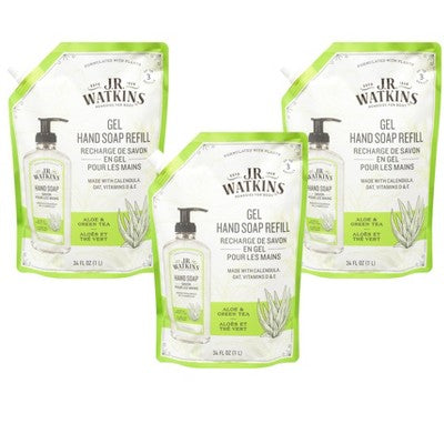 J.R. Watkins Aloe Green Tea Gel Hand Soap Refill Case of 3/34 fz - New