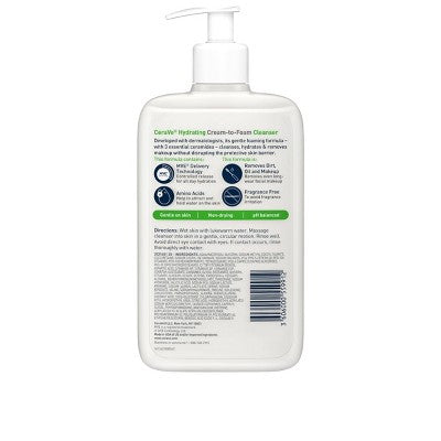CeraVe Hydrating Cream-to-Foam Face Wash with Hyaluronic Acid 16 fl oz - Small Amount Missing