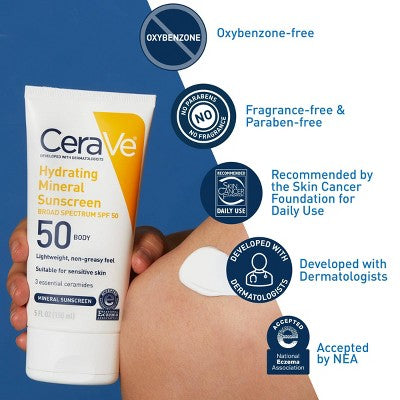 CeraVe Hydrating 100% Mineral Sunscreen for Body SPF 50 5 fl oz - Imperfect Container
