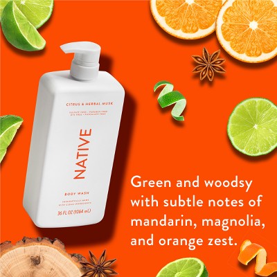Native Body Wash for Men & Women Citrus & Herbal Musk Sulfate Free with Pump 36 fl oz - Imperfect Container