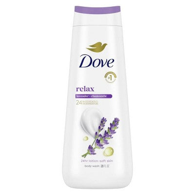 Dove Relax Body Wash Lavender & Chamomile 24hr Lotion Soft Skin 20 fl oz - Imperfect Container