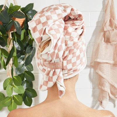 Kitsch Extra Large Quick-Dry Hair Towel Wrap Terracotta Checker - Imperfect Box