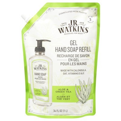 J.R. Watkins Aloe Green Tea Gel Hand Soap Refill Case of 3/34 fz - New