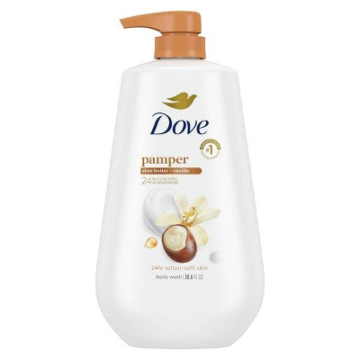 Dove Pamper Body Wash Pump Shea Butter & Vanilla 24hr Lotion-Soft Skin 30.6 fl oz - New