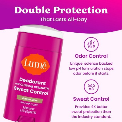 Lume Deodorant Plus Sweat Control Clinical Strength Smooth Solid Stick Antiperspirant Vanilla Bliss 2.6oz - Imperfect Container