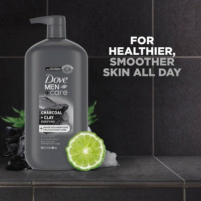 Dove Men+Care Charcoal + Clay Purifying Body; Face Wash Pump Sulfate Free 30 fl oz - New