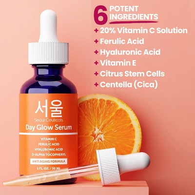 Seoul Ceuticals Korean Skin Care K Beauty 20% Vitamin C Hyaluronic Acid Serum + CE Ferulic Acid Provides Potent 1oz - Imperfect Box